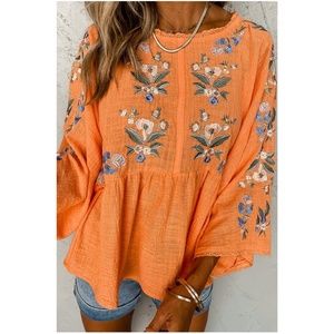 Boho Embroidered Floral Button Back Detail Blouse